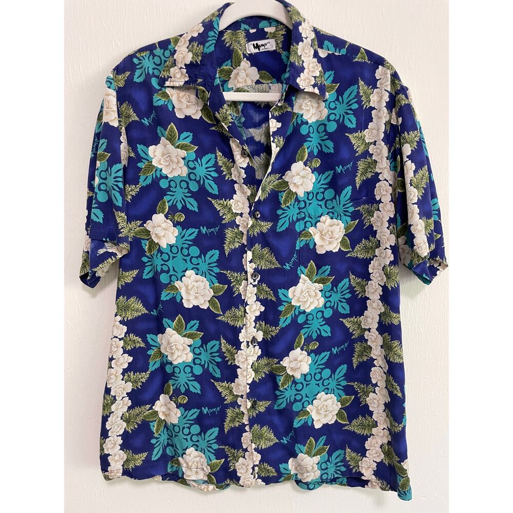 VTG Mamo Howell Mens Hawaiian Button Up Shirt S Blue Floral Lei Quilt Pattern